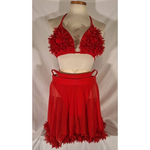 Womens 3 Piece Swimwear Halter Triangle Bikini Swimsuit Mesh Skirt Red Sz XL NEW - Picture 2 of 6